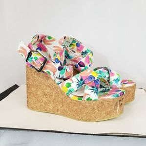Divided Floral Multicolor Cork Wedge Sandals